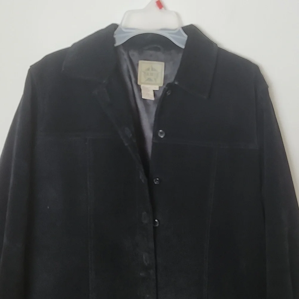 Vintage AMI black genuine leather button up jacket, satin lined, women's large